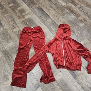 Girls 12 Velour 2 Piece Pants Hoodie Zip Up Set Red Lounge Cozy